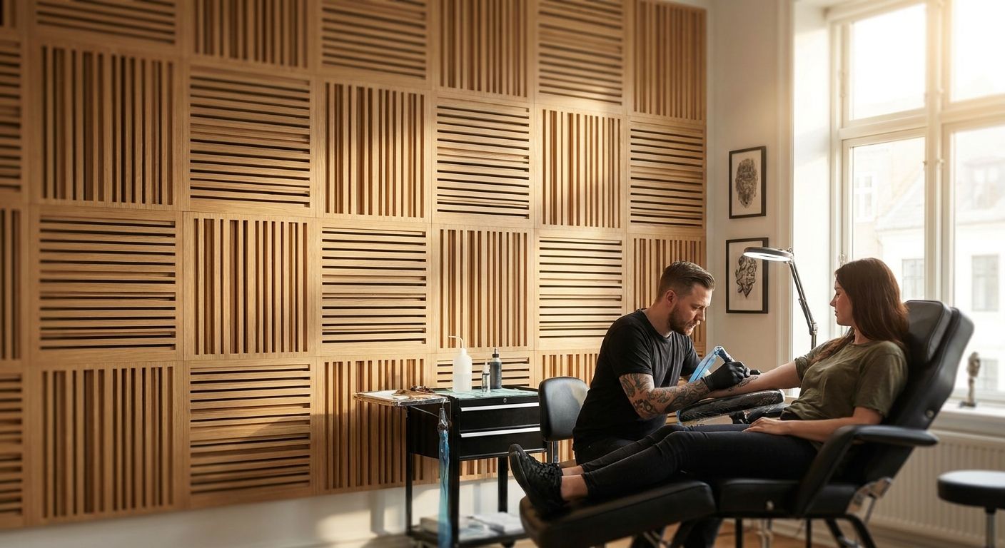 Acoustic wood panels for tattoo studio interiors