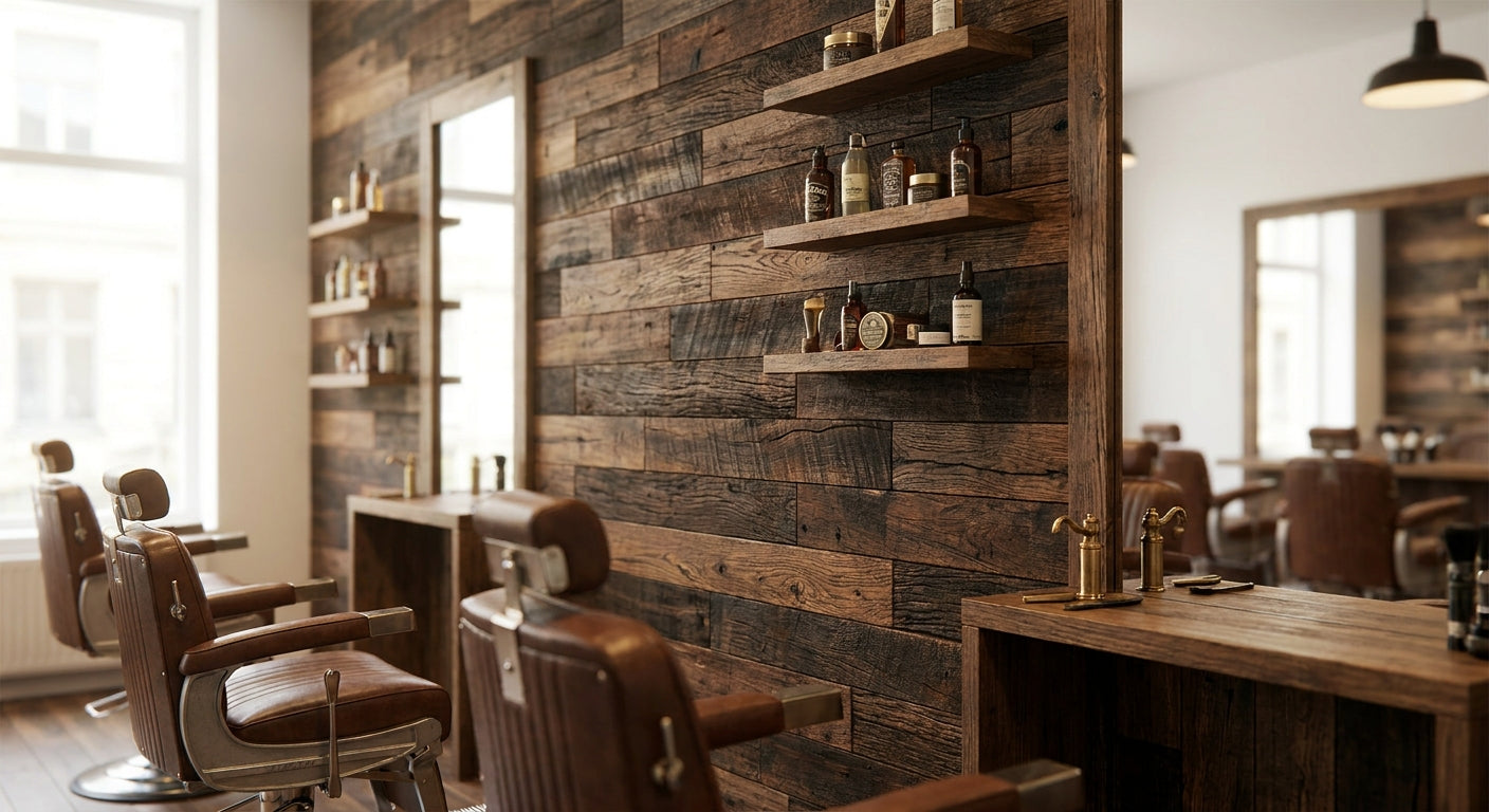 Wooden wall panels for barbershop and grooming lounge interiors