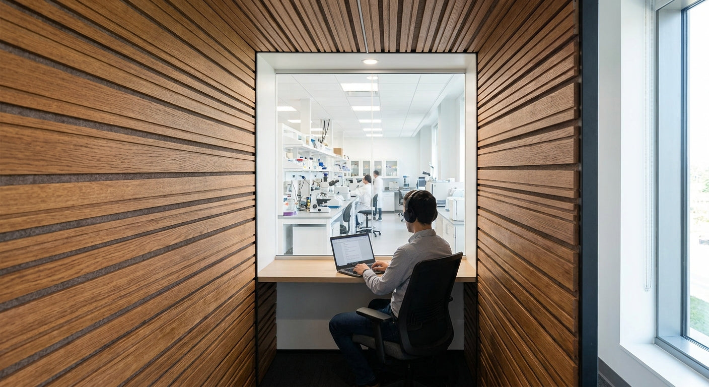 Acoustic wood panels for research laboratory office pods