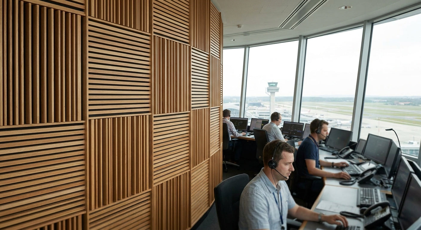 Acoustic wood panels for air traffic control room walls