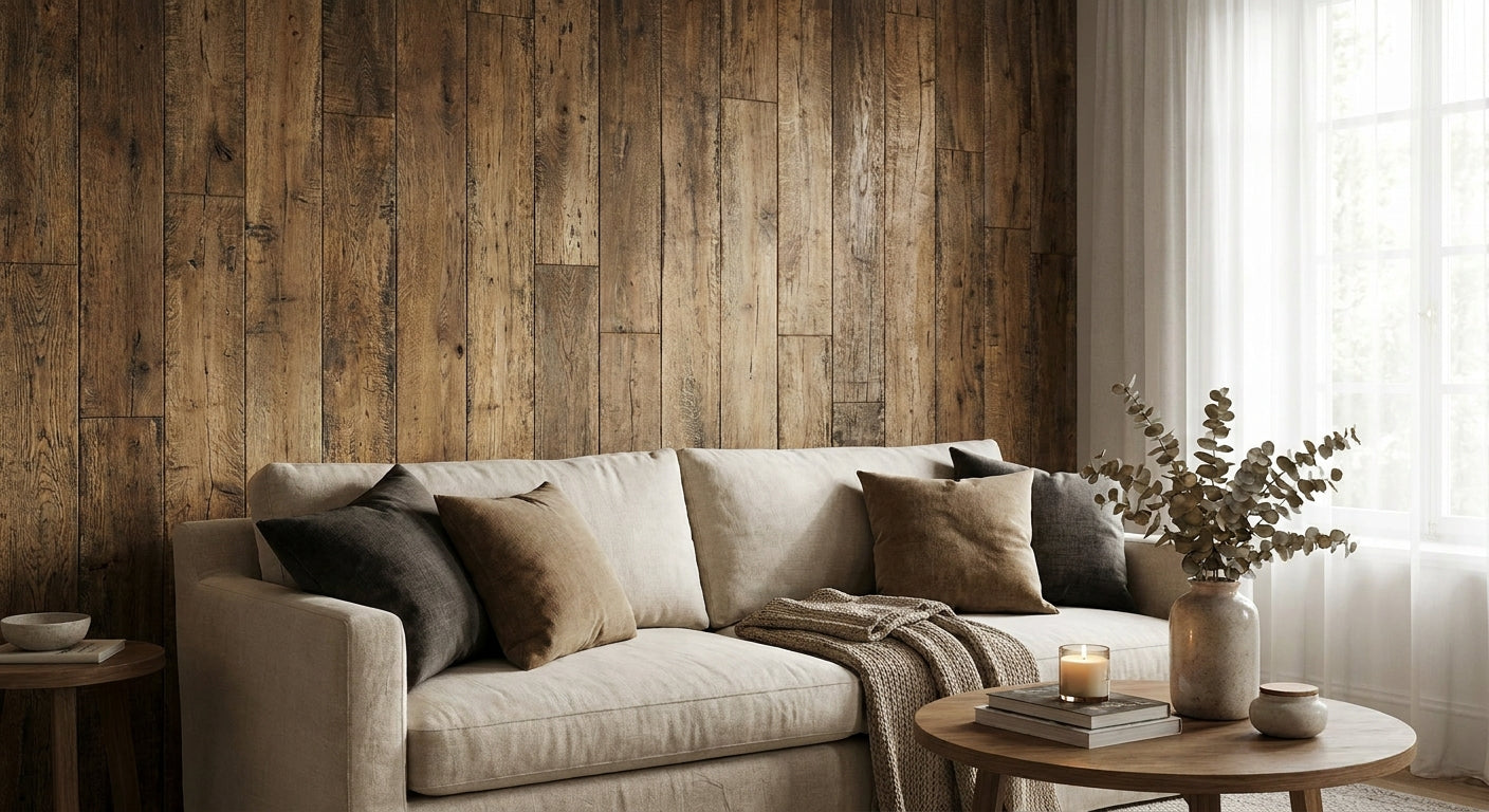 Rustic oak wall panels for living room feature walls
