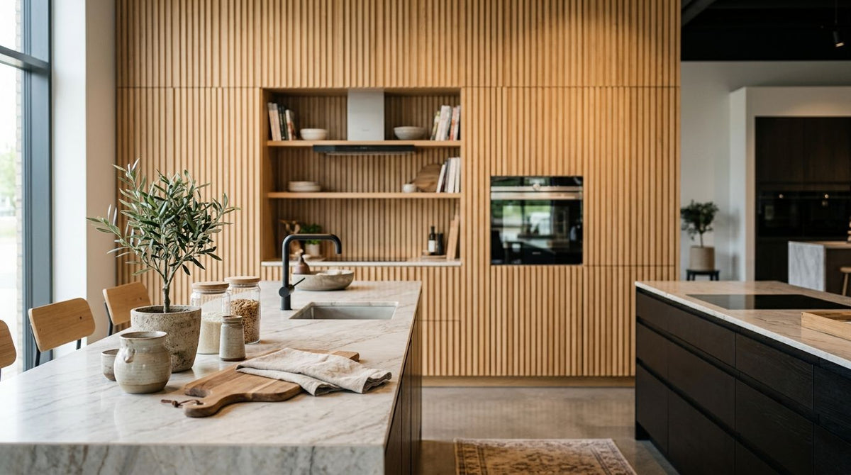 Wooden wall panels for kitchen showroom interiors