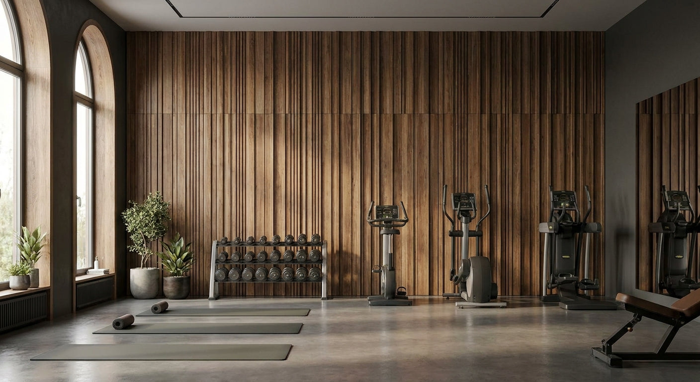 Wooden wall panels for gym and fitness studio interiors