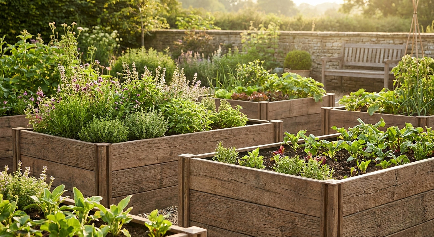 Garden wall panels for raised bed surrounds