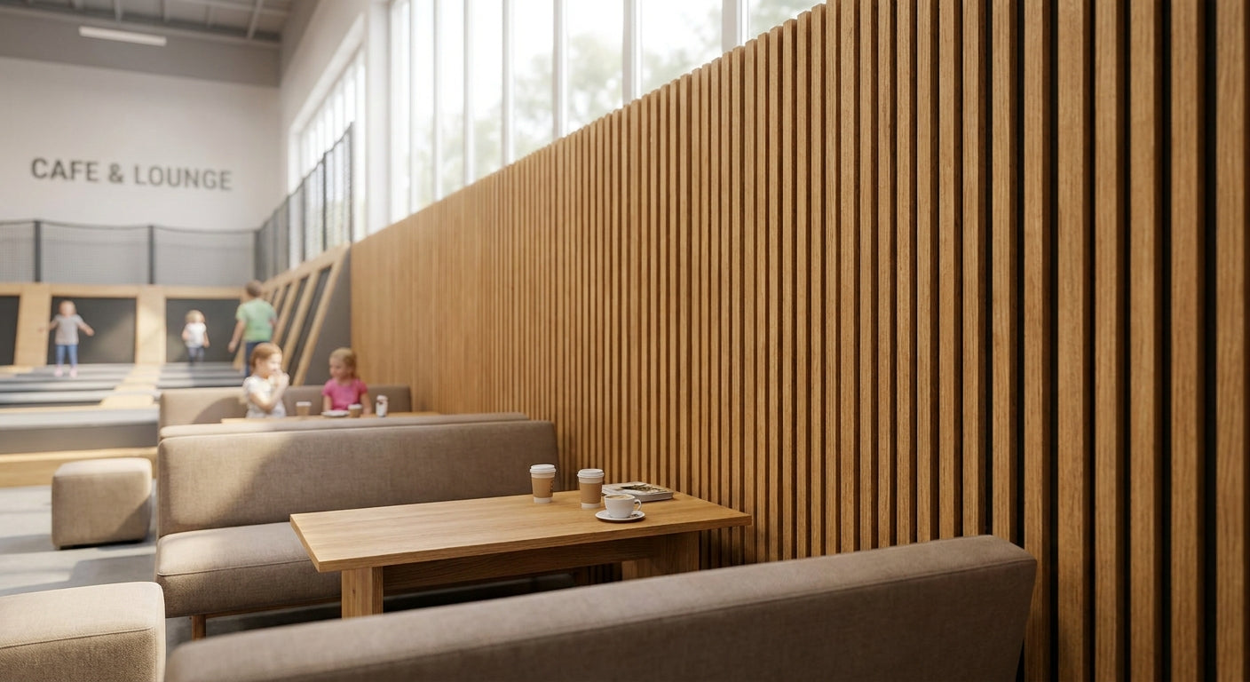 Acoustic wood panels for indoor trampoline park lounges
