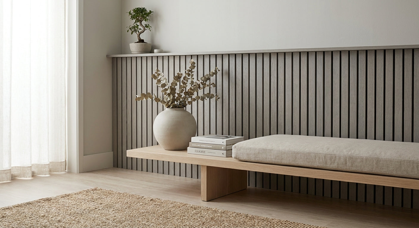 Grey oak wall panels for Japandi-style interiors