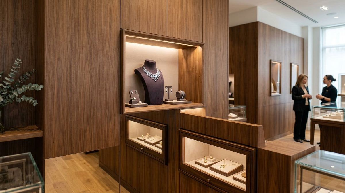 Wooden wall panels for jewellery store interiors