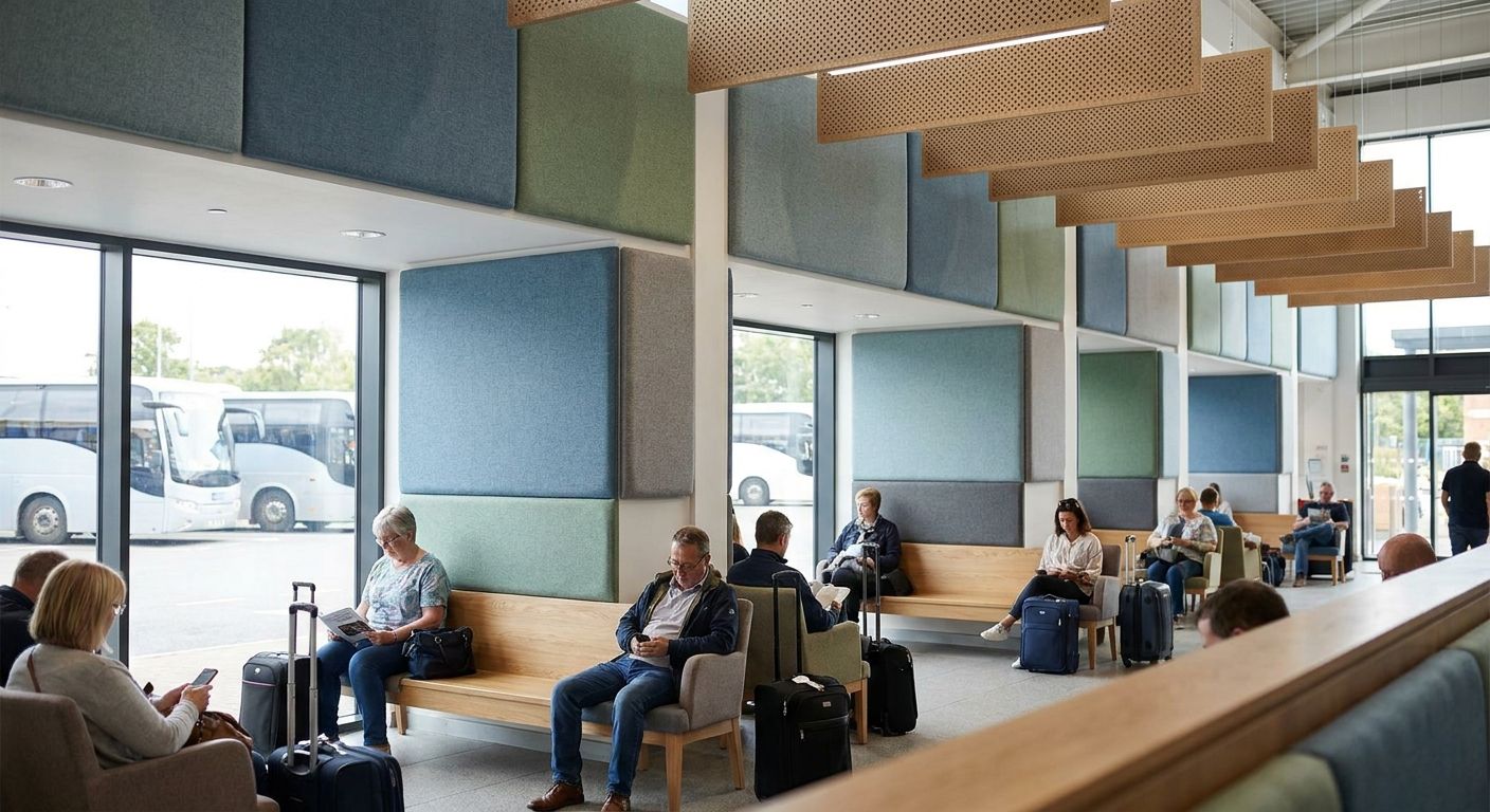 Acoustic panels for coach and bus station waiting areas