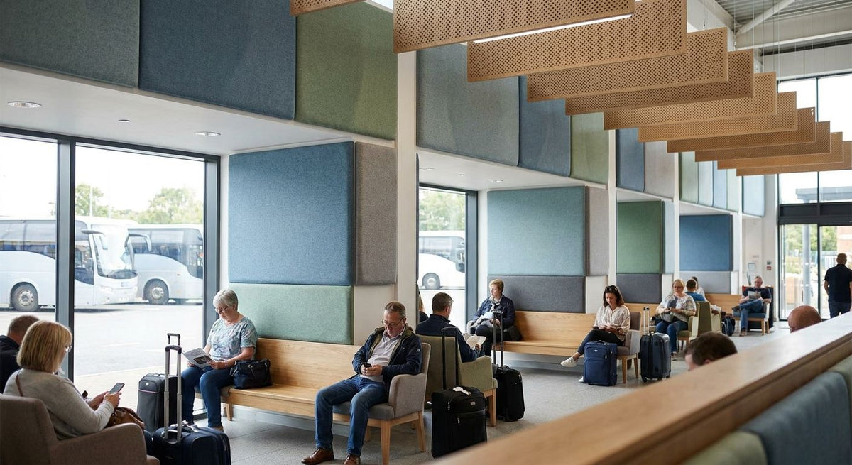 Acoustic panels for coach and bus station waiting areas