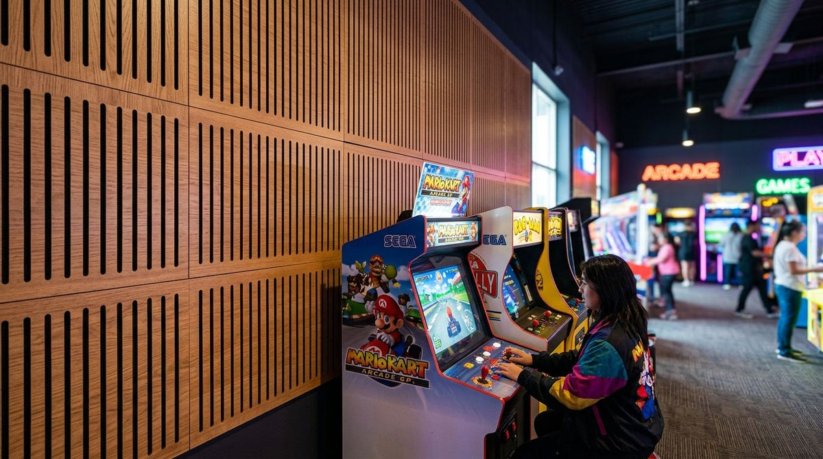 Acoustic wood panels for amusement arcade walls