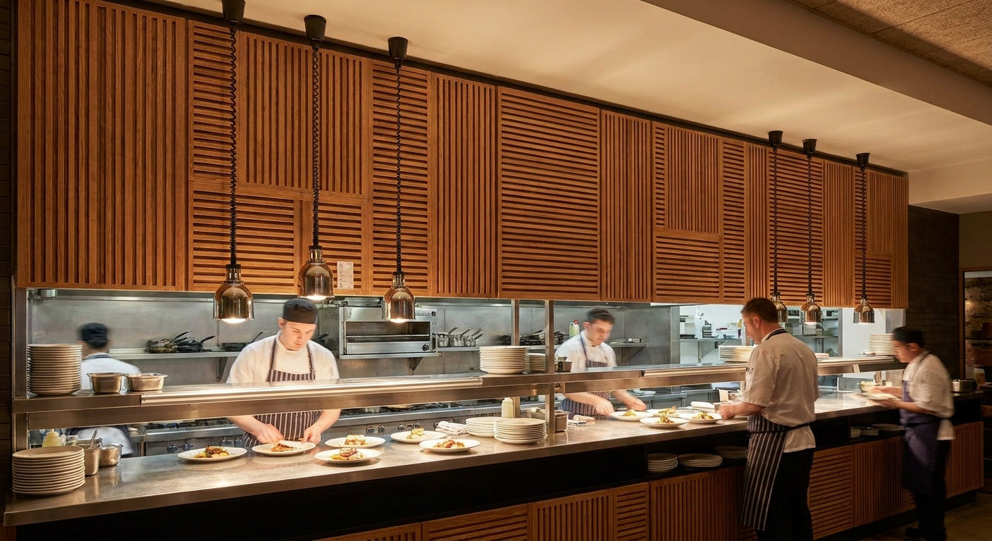 Acoustic wood panels for restaurant kitchen pass areas