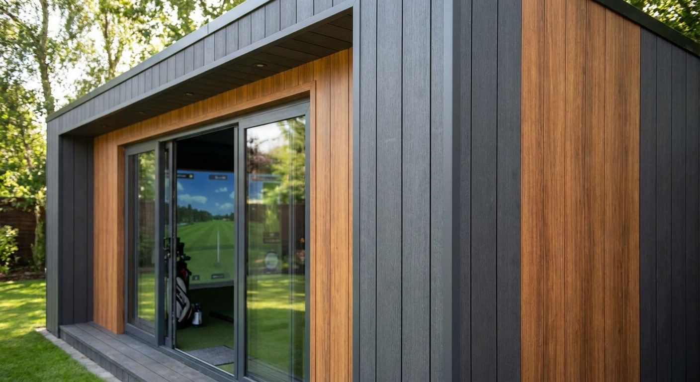 Exterior cladding panels for garden room golf simulator studios