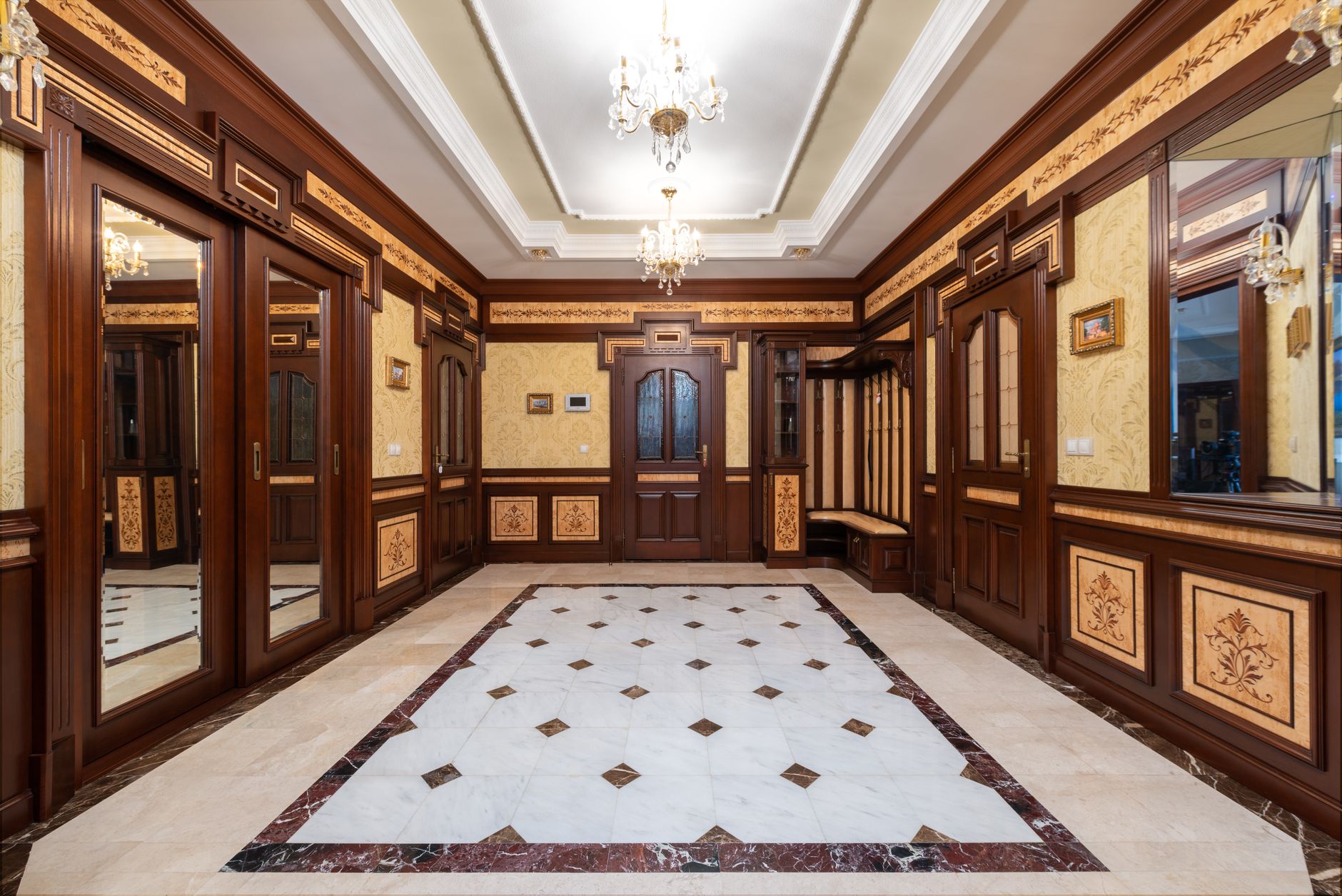 Luxurious room showcasing classic wood paneling and elegant decor.
