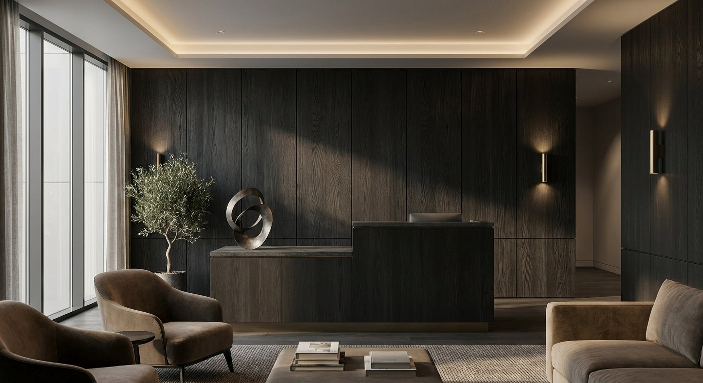 Black oak wall panels for office reception areas