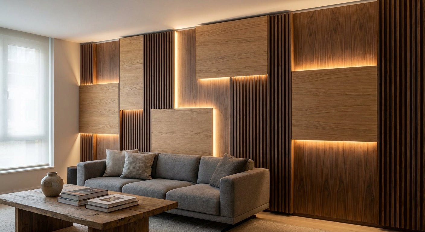 Wooden wall panels with LED lighting