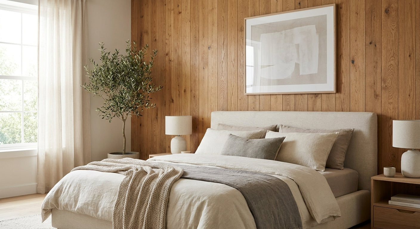 Oak wall panels for bedroom feature walls