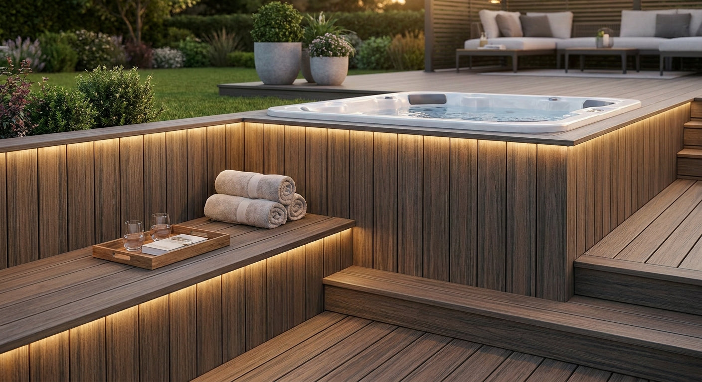 Composite cladding for hot tub surround and decking walls