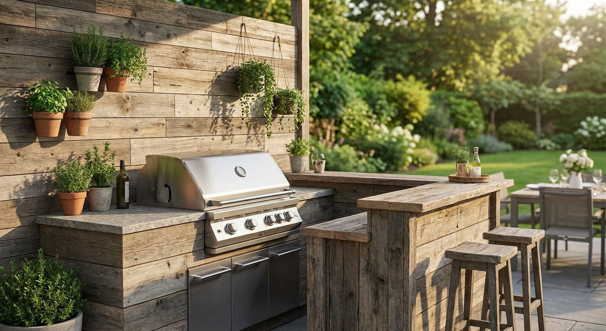 Wood wall panels for garden bar and outdoor kitchen walls