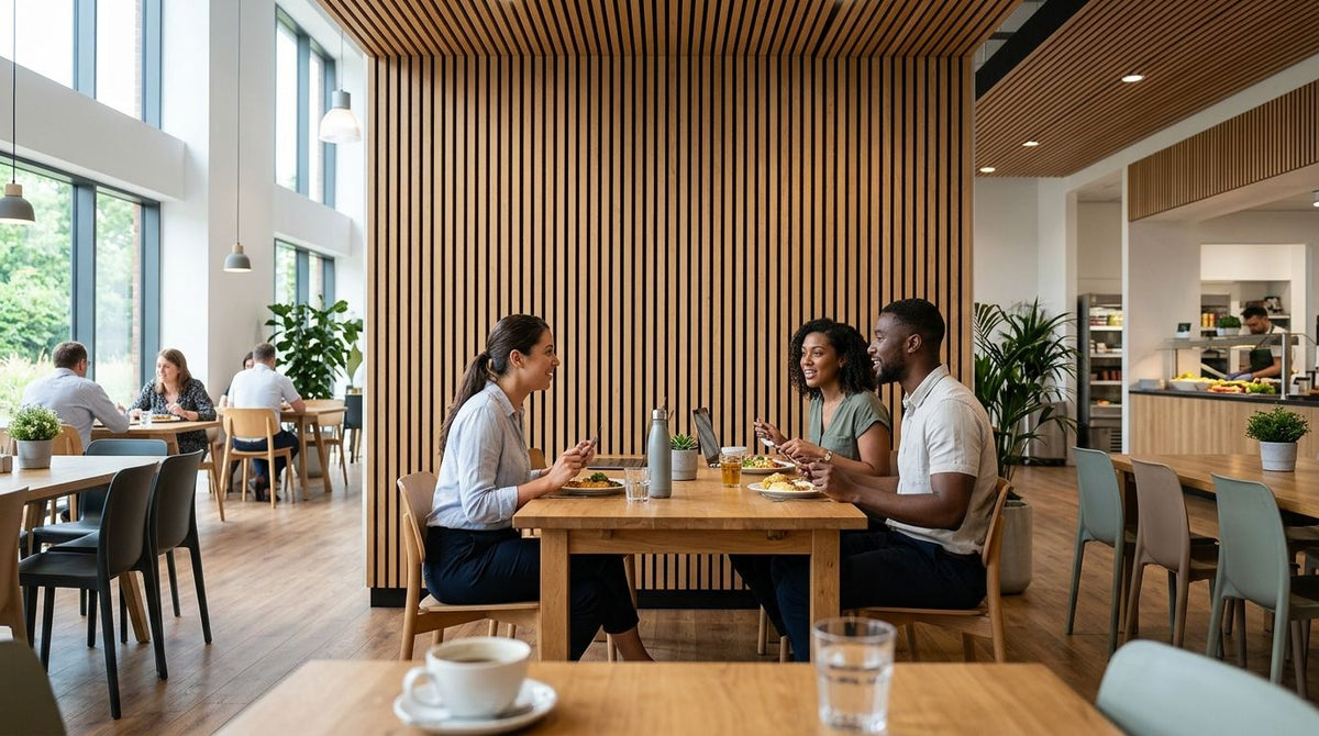 Acoustic wood panels for staff canteens and cafeterias