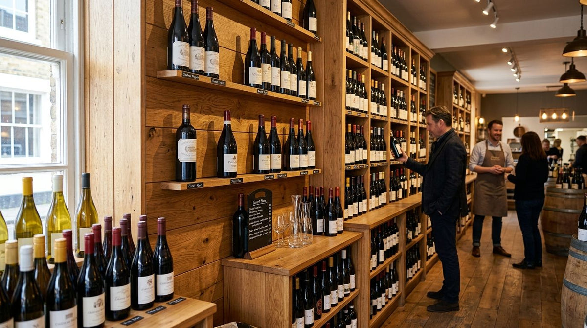 Wooden wall panels for wine shop and off-licence interiors