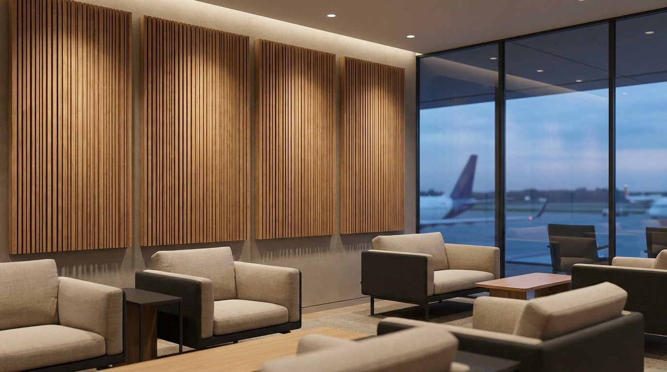 Acoustic wood panels for airport lounge walls