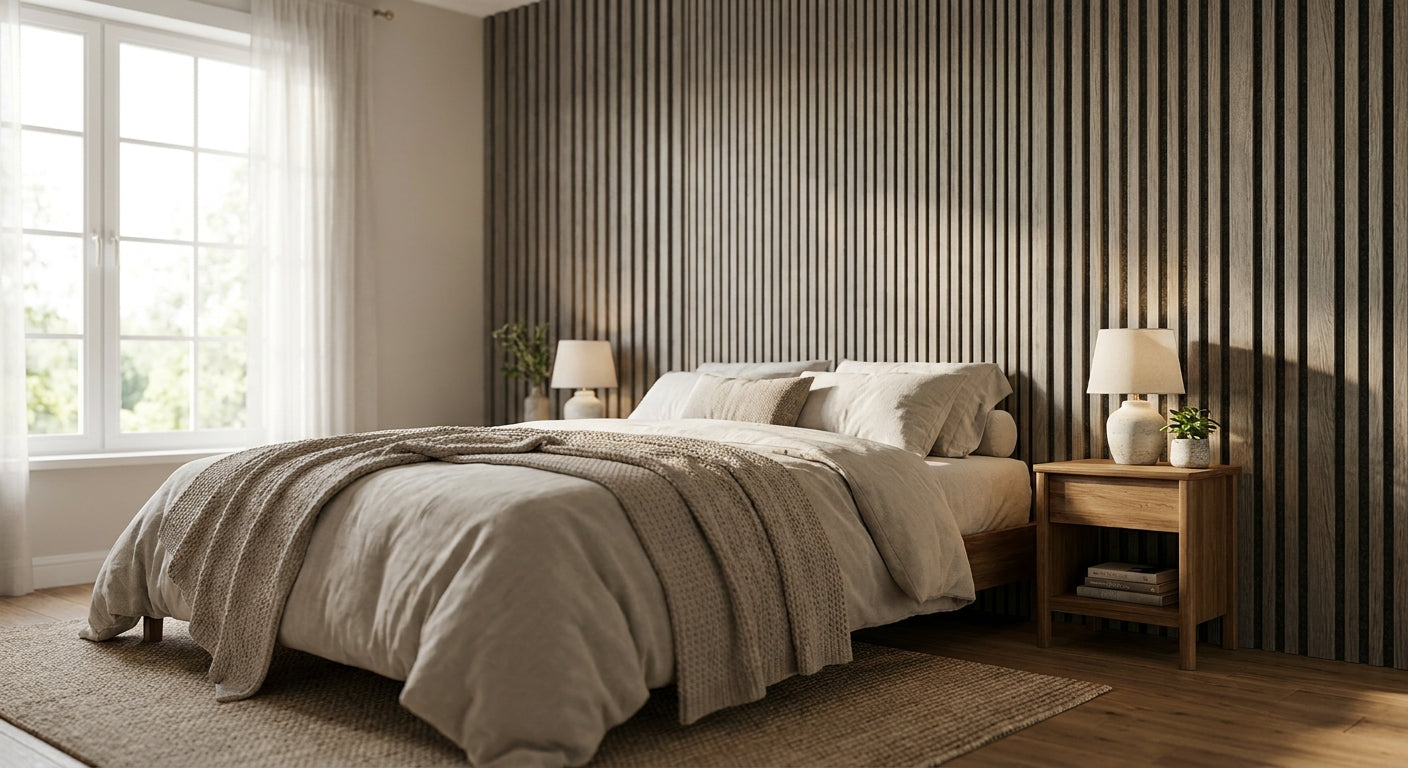 Grey oak acoustic wall panels for bedrooms
