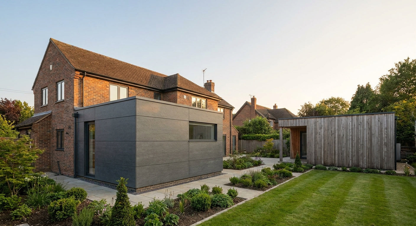 Exterior cladding panels for annexe and side extension walls