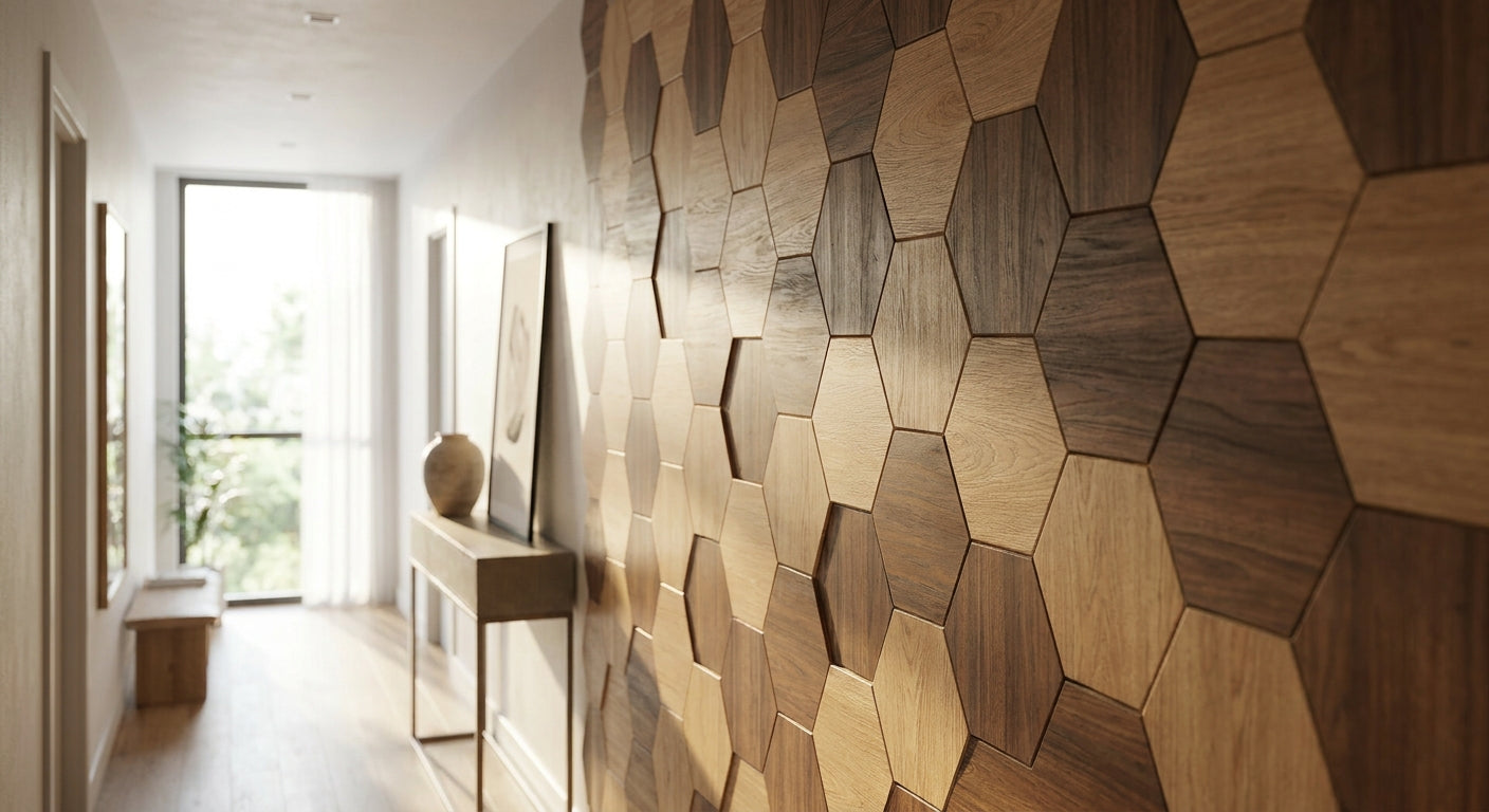 Hexagon wall panels for hallway feature walls