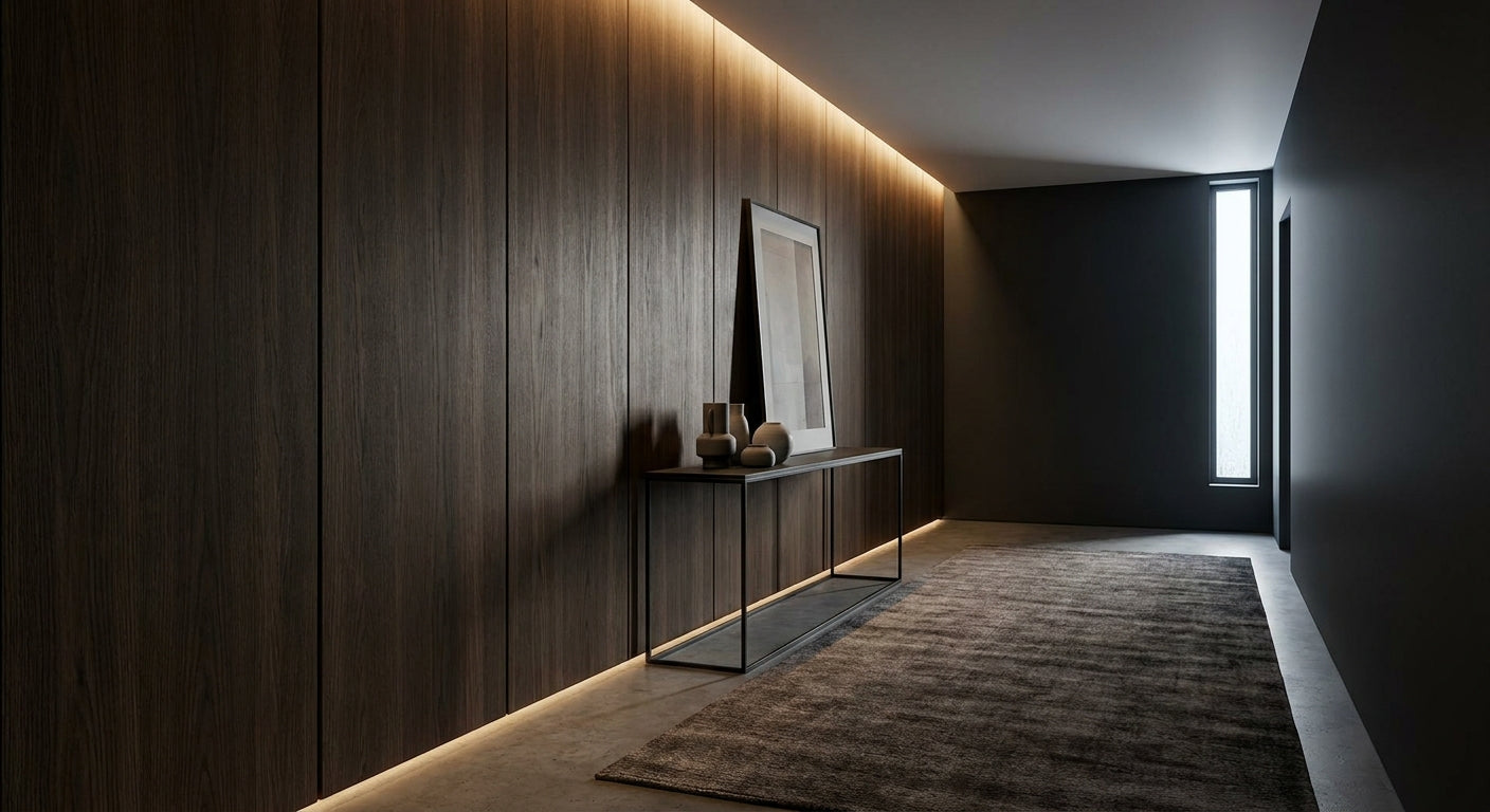 Smoked oak veneer panels for dark hallway feature walls