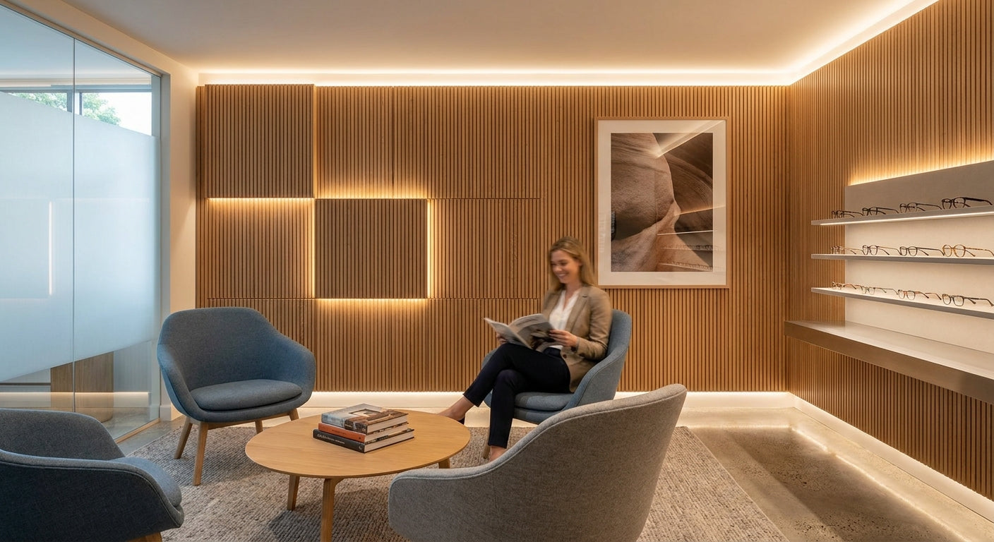 Acoustic wood panels for optician waiting rooms
