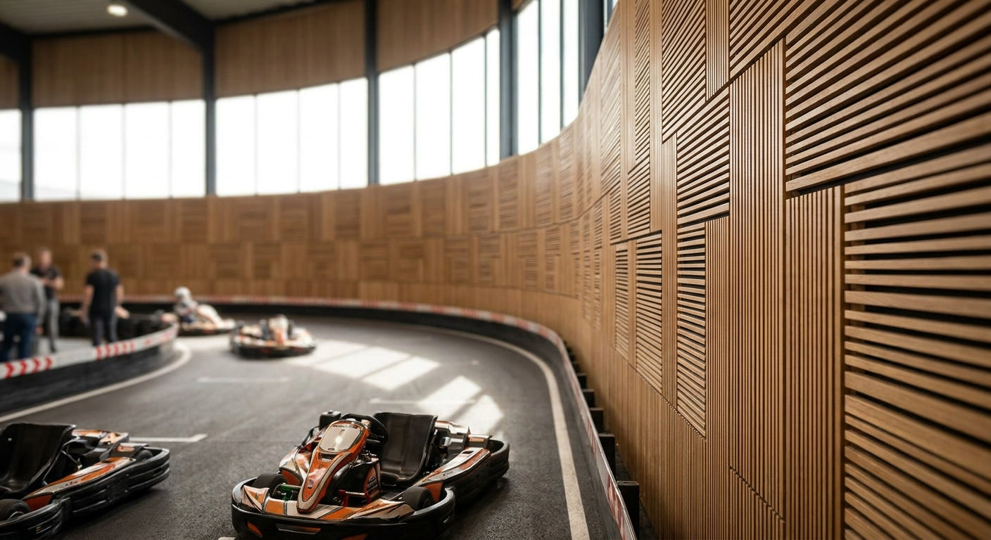 Acoustic wood panels for indoor karting circuits
