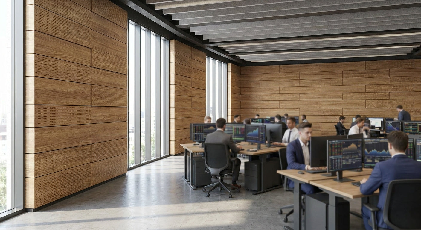 Acoustic wood panels for financial trading floor walls