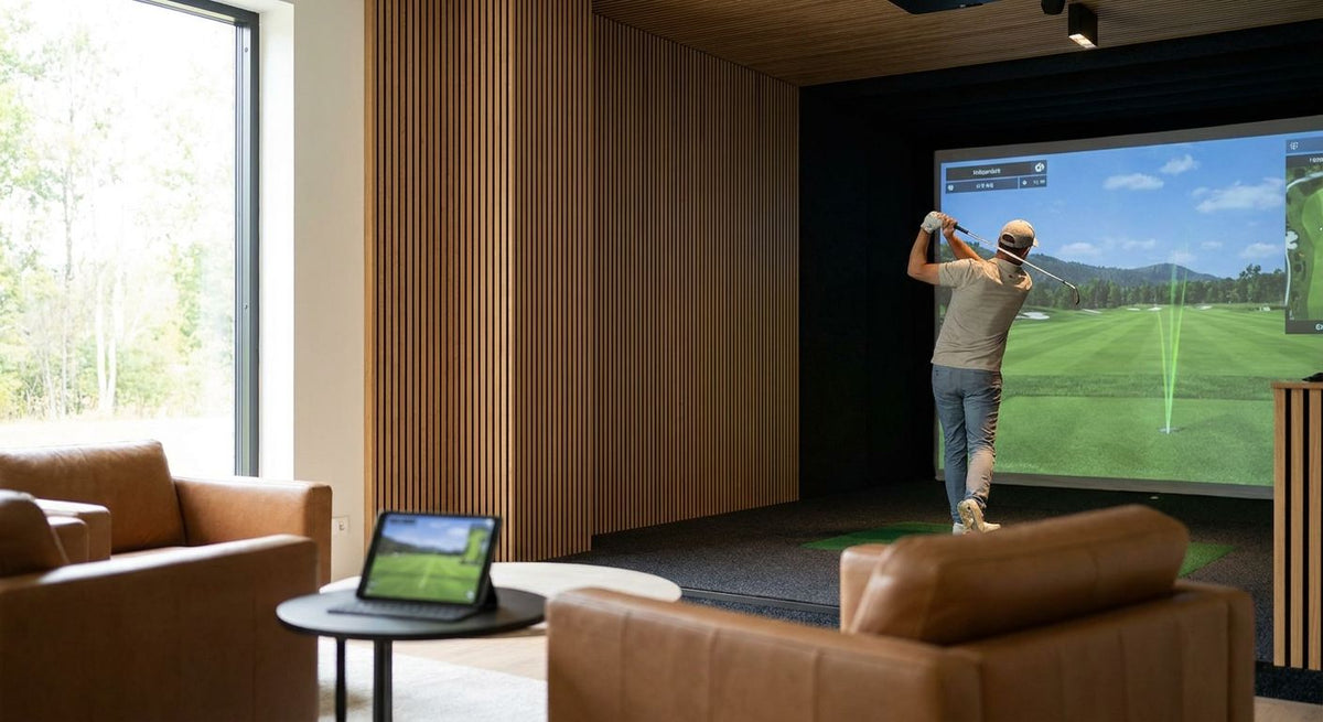 Acoustic wood panels for golf simulator lounges