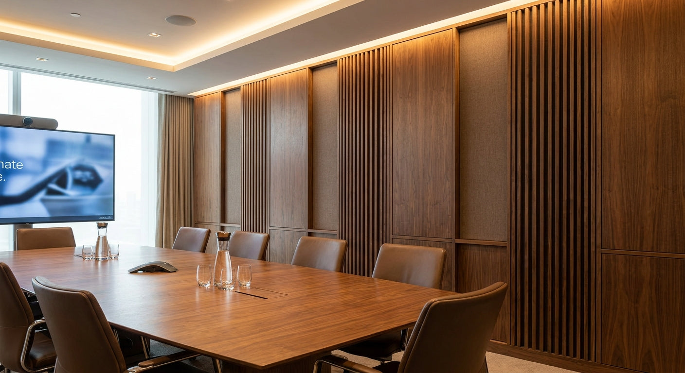 Walnut acoustic panels for boardroom walls
