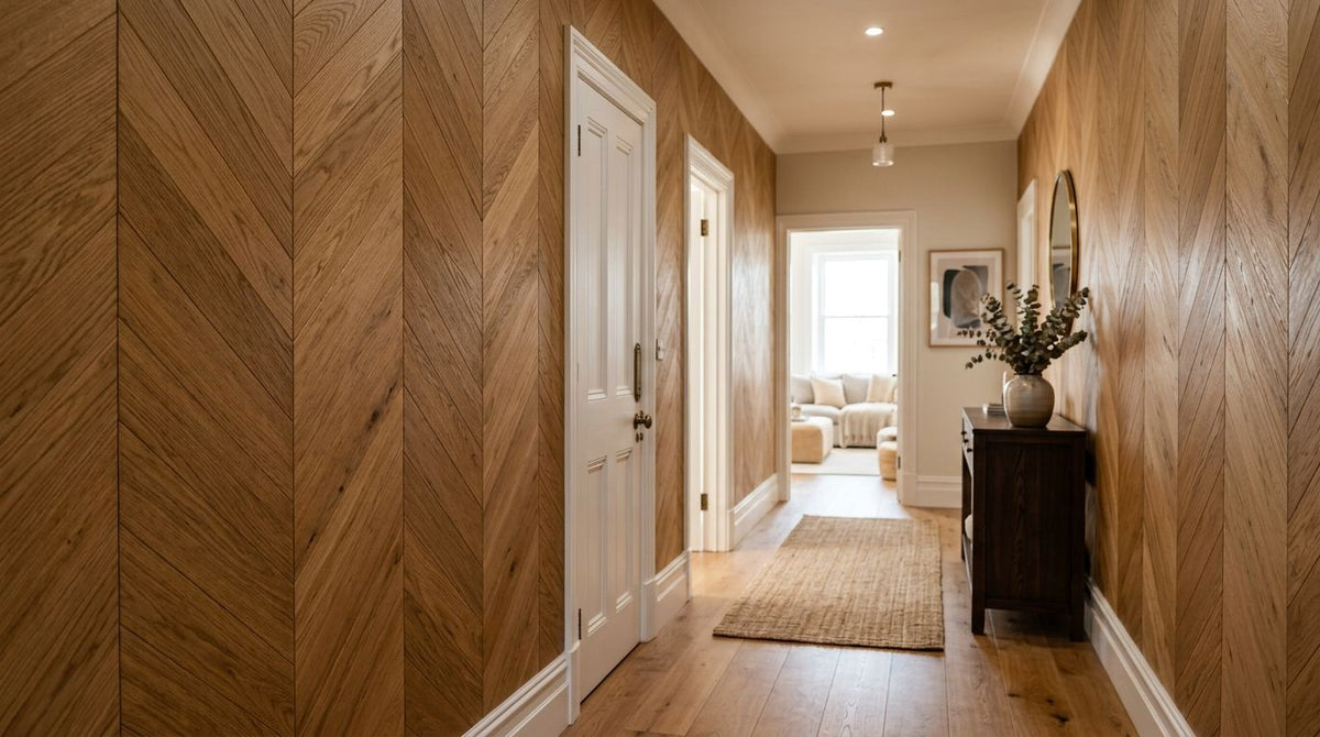 Chevron pattern wood panels for hallway walls