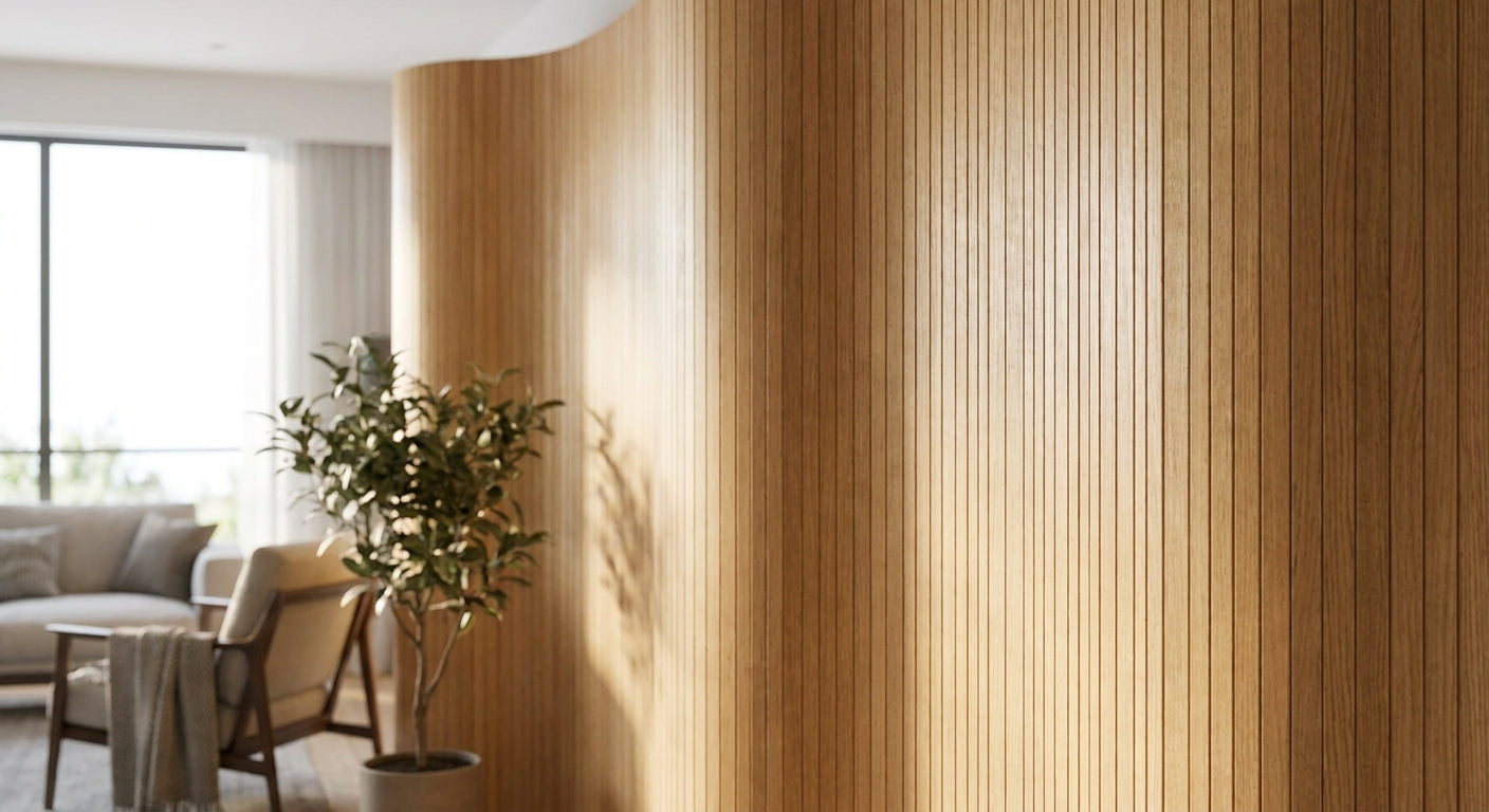 Tambour wood panels for curved feature walls