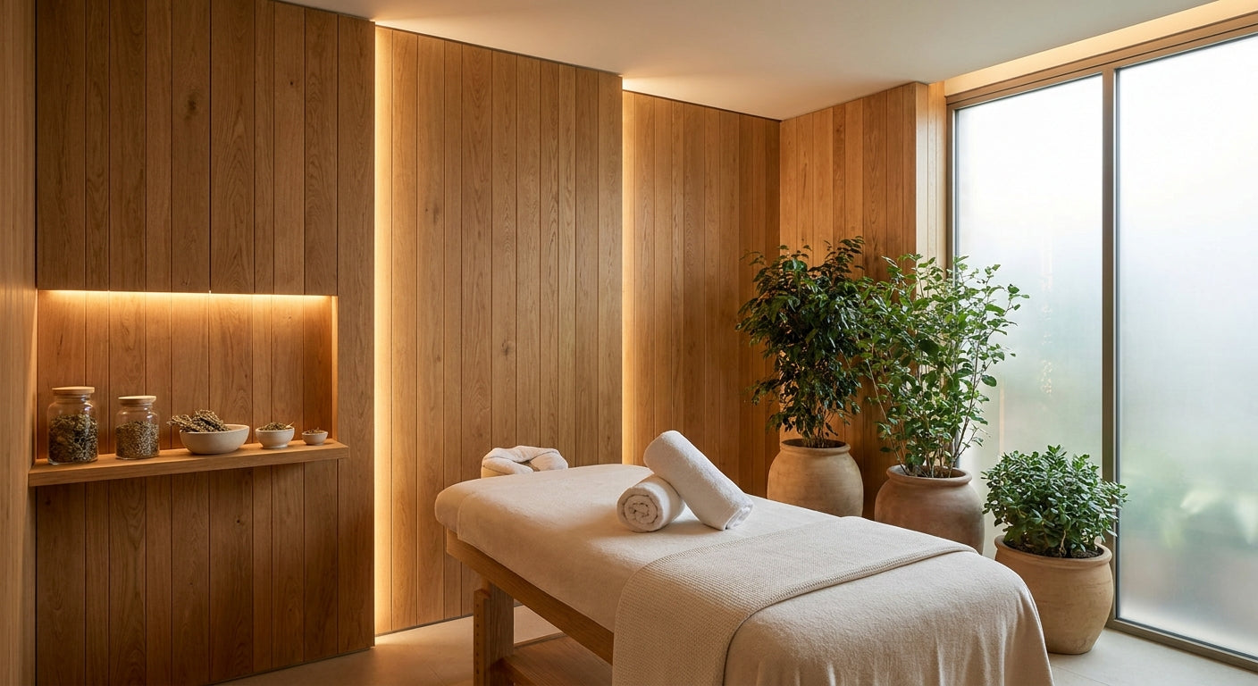 Wood wall panels for spa treatment room walls