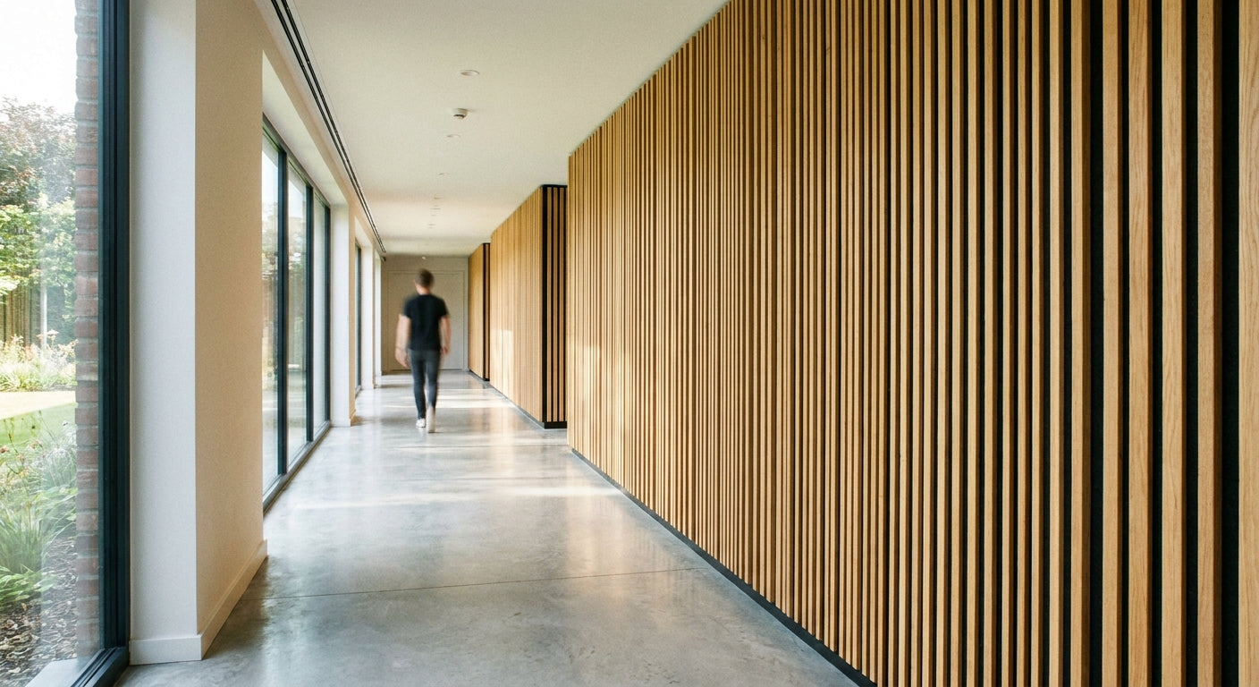 Acoustic slat wall panels for corridors