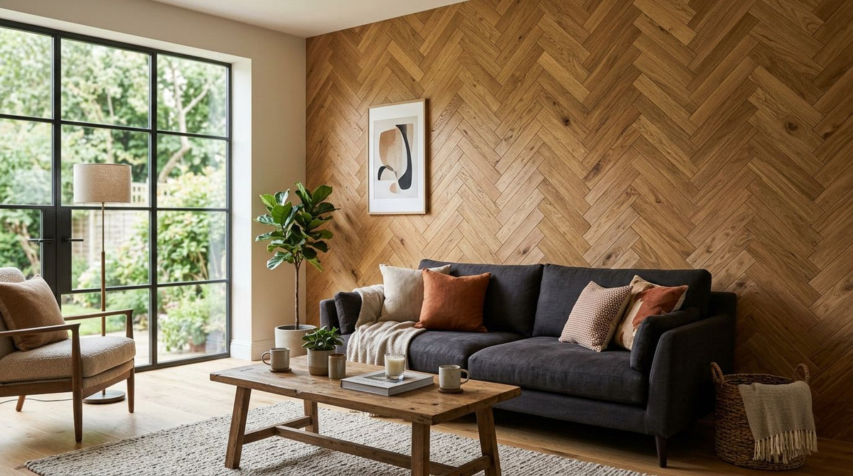Herringbone wood wall panels for living room feature walls