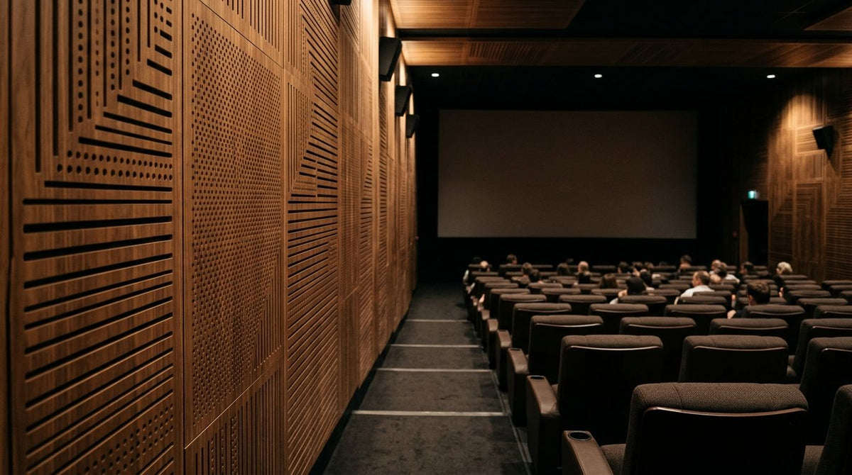 Acoustic wood panels for commercial cinema screening rooms