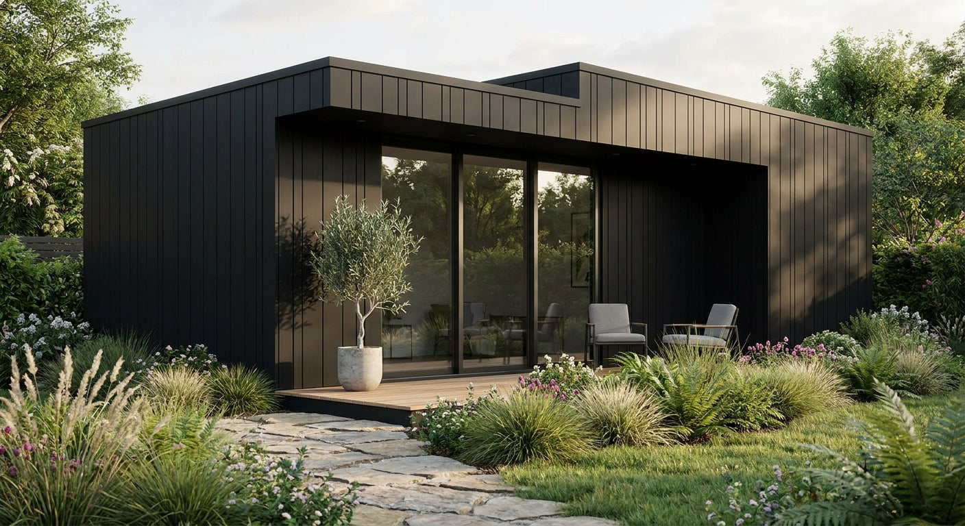 Black exterior cladding panels for garden studios