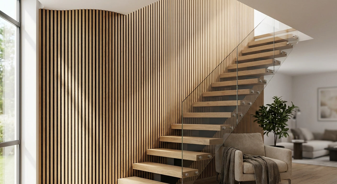 Acoustic slat wall panels for staircases