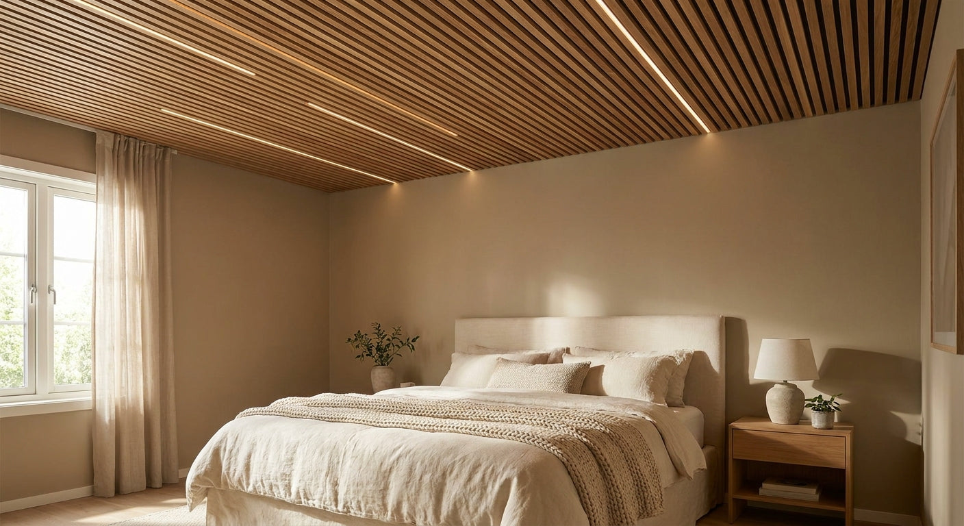 Wooden slat wall panels for bedroom ceilings