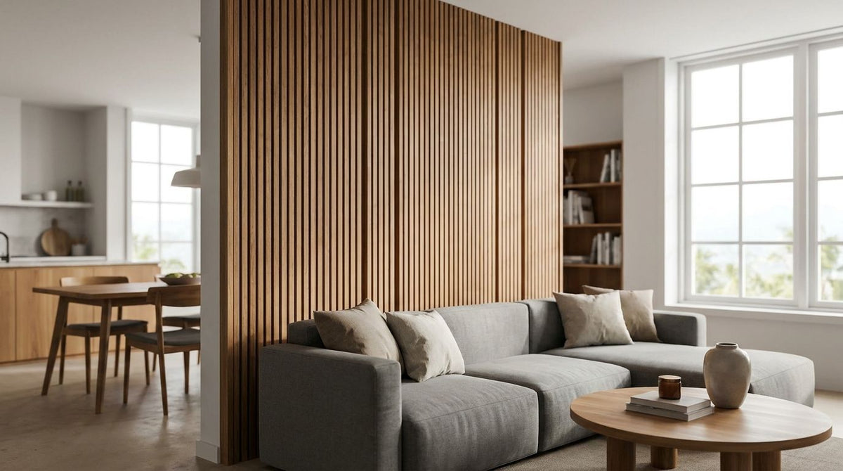 Slatted wall panels for open-plan living rooms