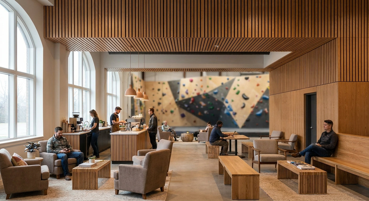 Acoustic wood panels for indoor climbing centre common areas