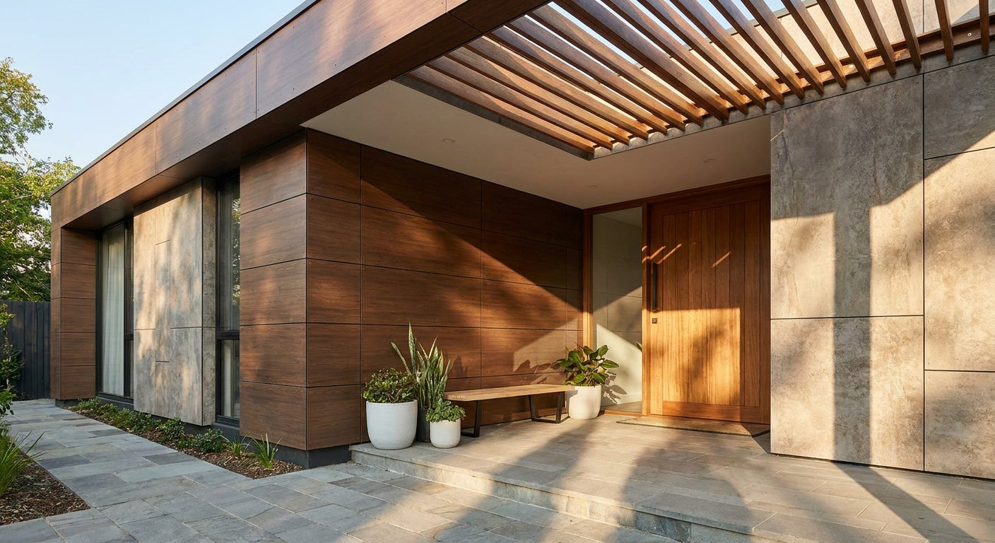 Exterior cladding panels for porch and entrance walls