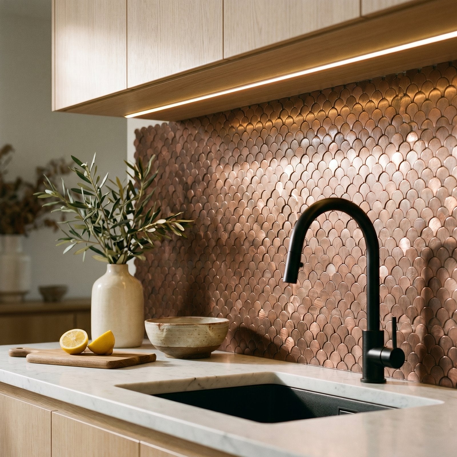 Fish Scale 3D Dark Copper Peel & Stick Splashback | 28.8×29.8 cm | Self-Adhesive Mosaic Tile