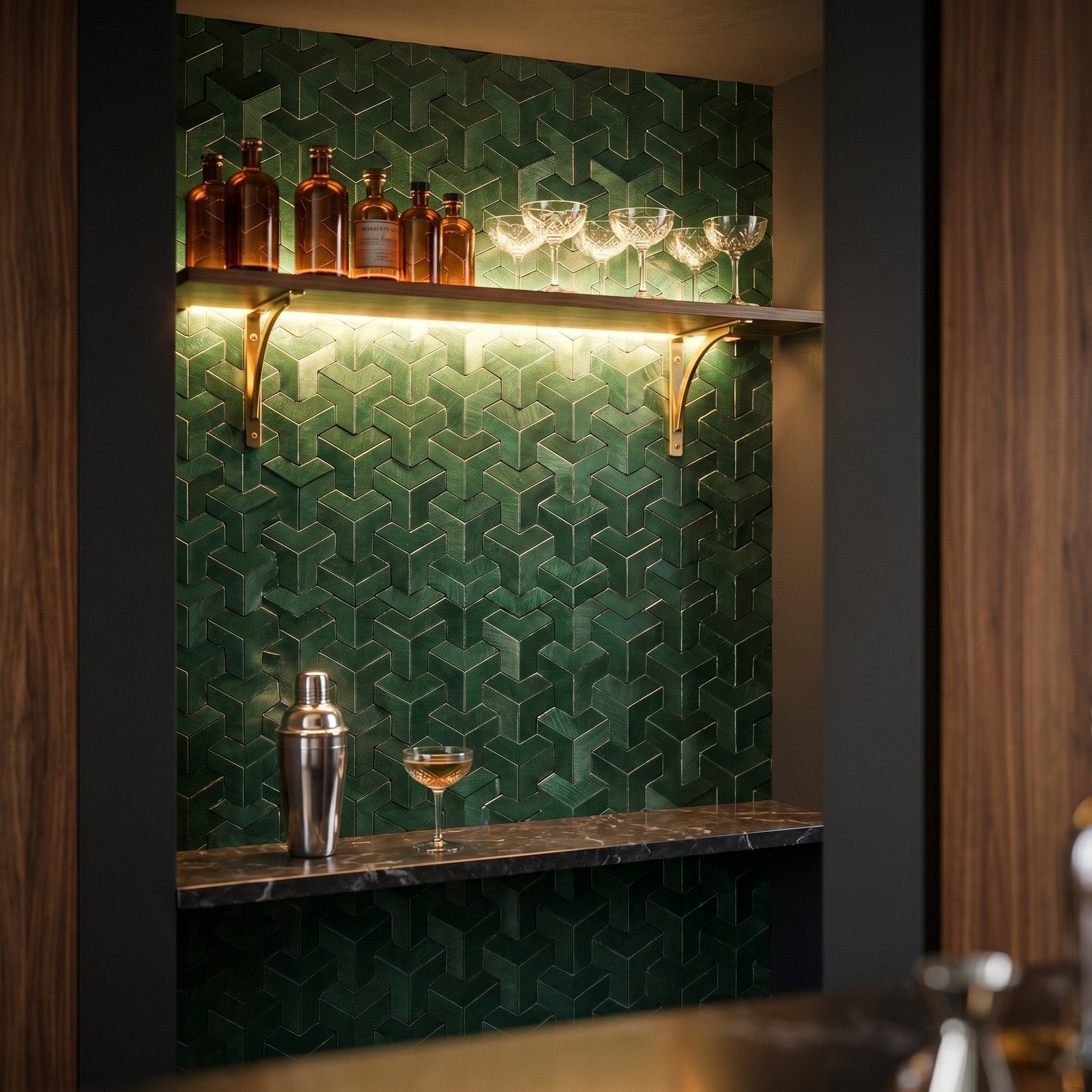 Trifold 3D Dark Green Peel & Stick Splashback | 30.3×28 cm | Self-Adhesive Mosaic Tile