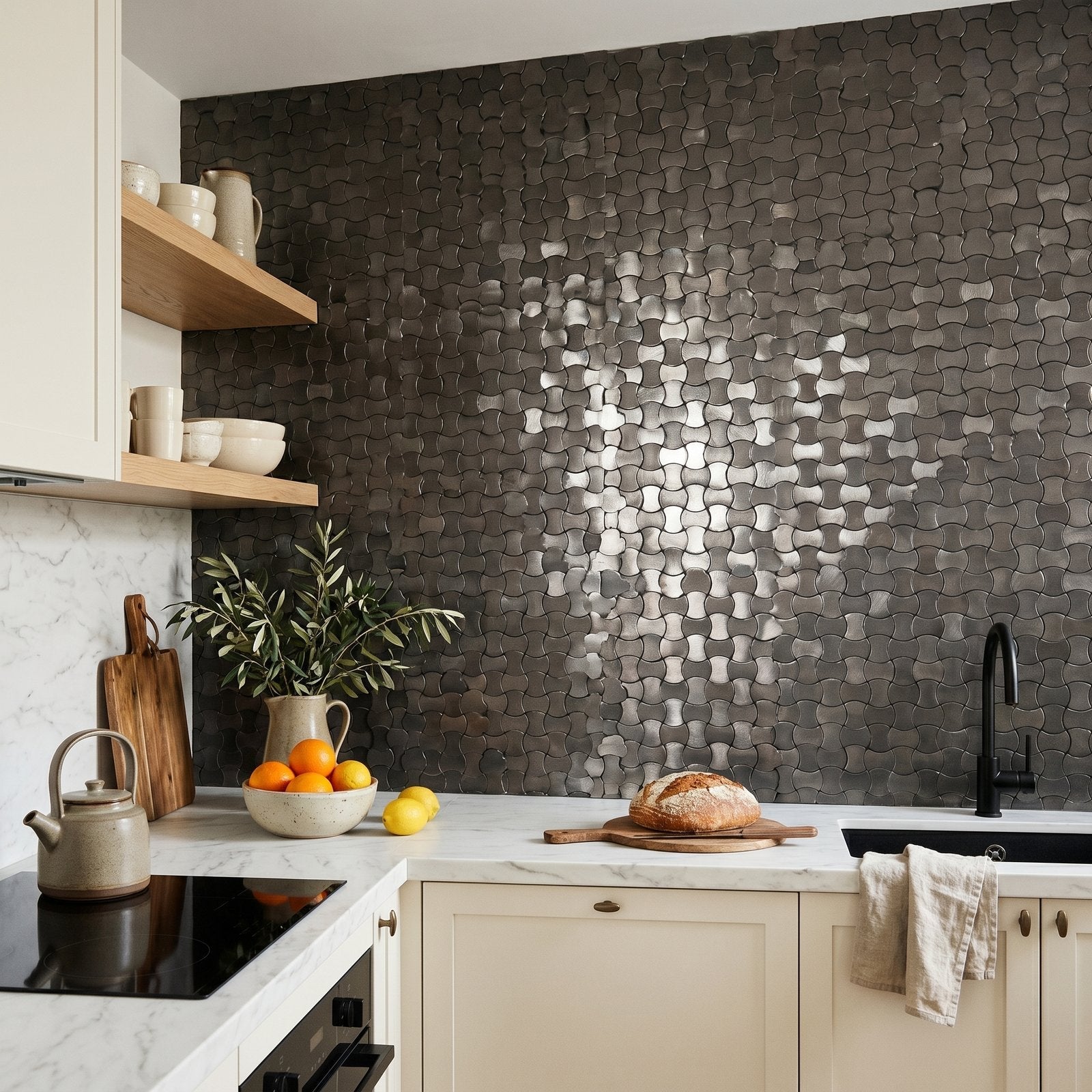 Trefoil 3D Anthracite Peel & Stick Splashback | 30.5×29.6 cm | Self-Adhesive Mosaic Tile