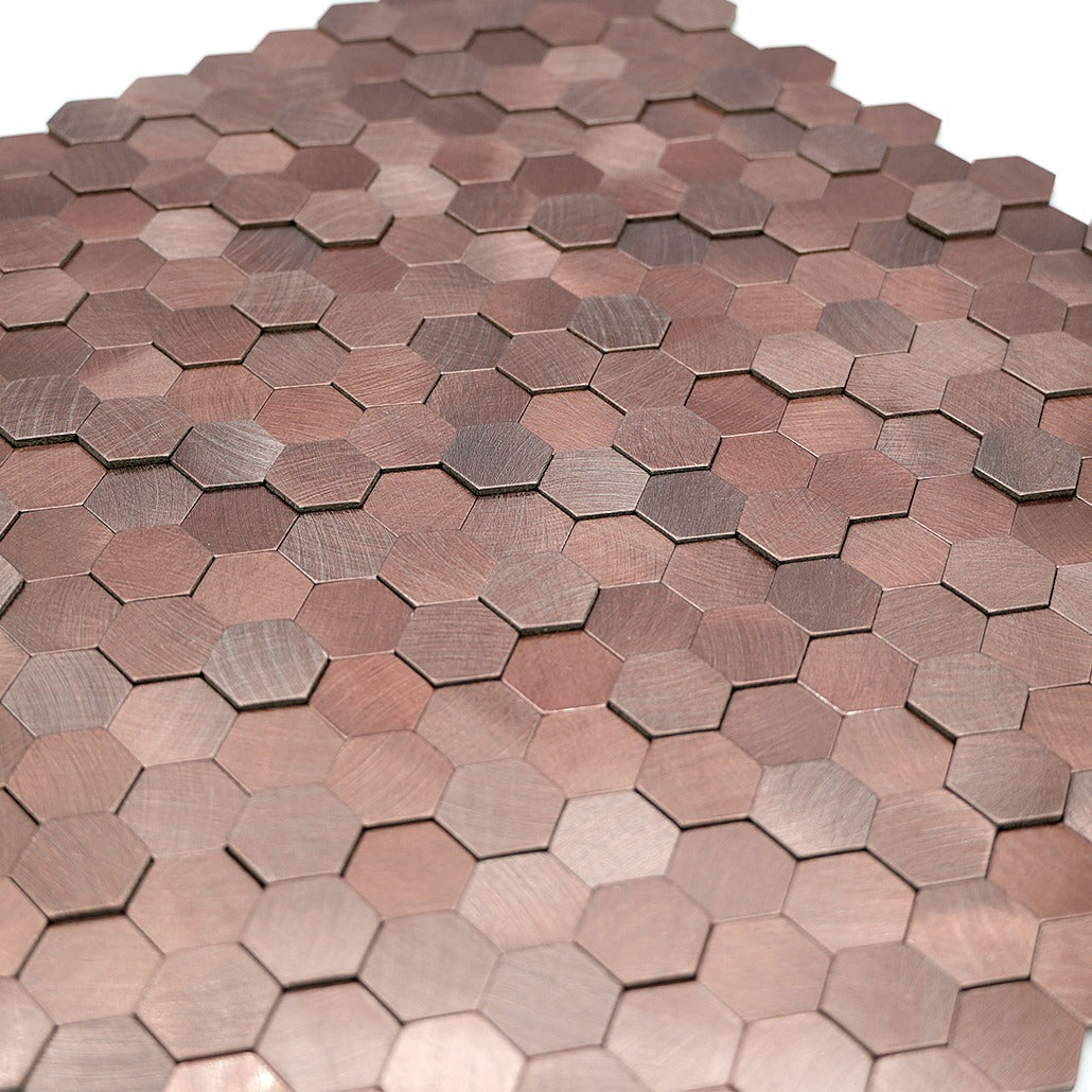 Mini Hexagon 3D Dark Copper Peel & Stick Splashback | 29.8×30.7 cm | Self-Adhesive Mosaic Tile